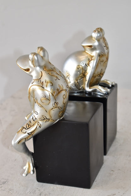 Pair of Happy Frogs Sitting on a Cube Resin Statue Size: 6" x 4" x 9"H