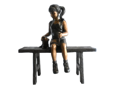 Bronze Girl Reading on Bench with Puppy Statue Sculpture 37"x15"x40"H