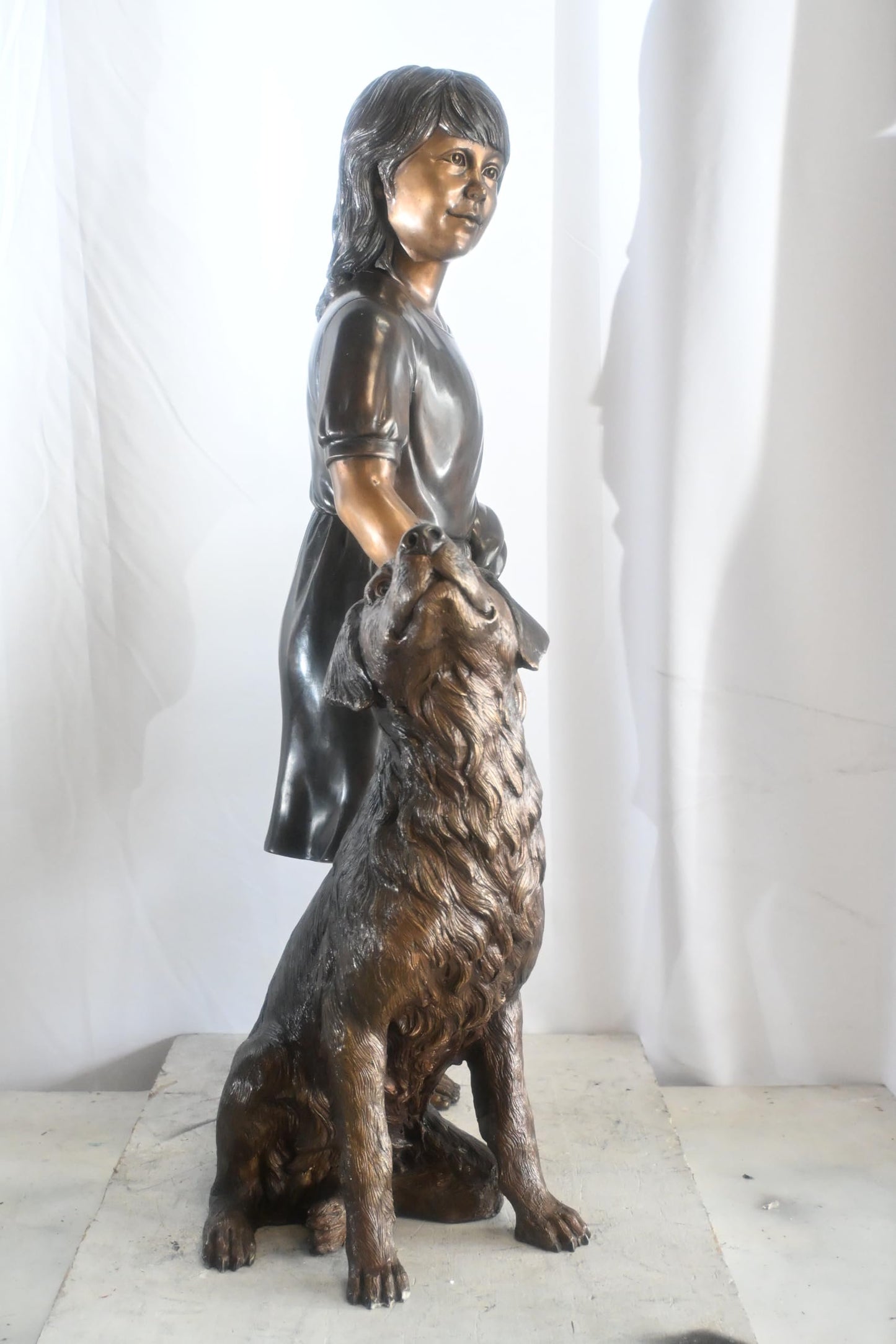 Bronze Girl with Dog Statue Standing Child and Pet Sculpture 23"x13"x39"H