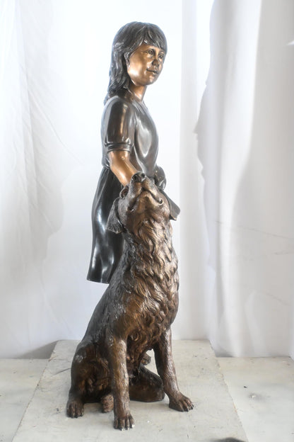 Bronze Girl with Dog Statue Standing Child and Pet Sculpture 23"x13"x39"H