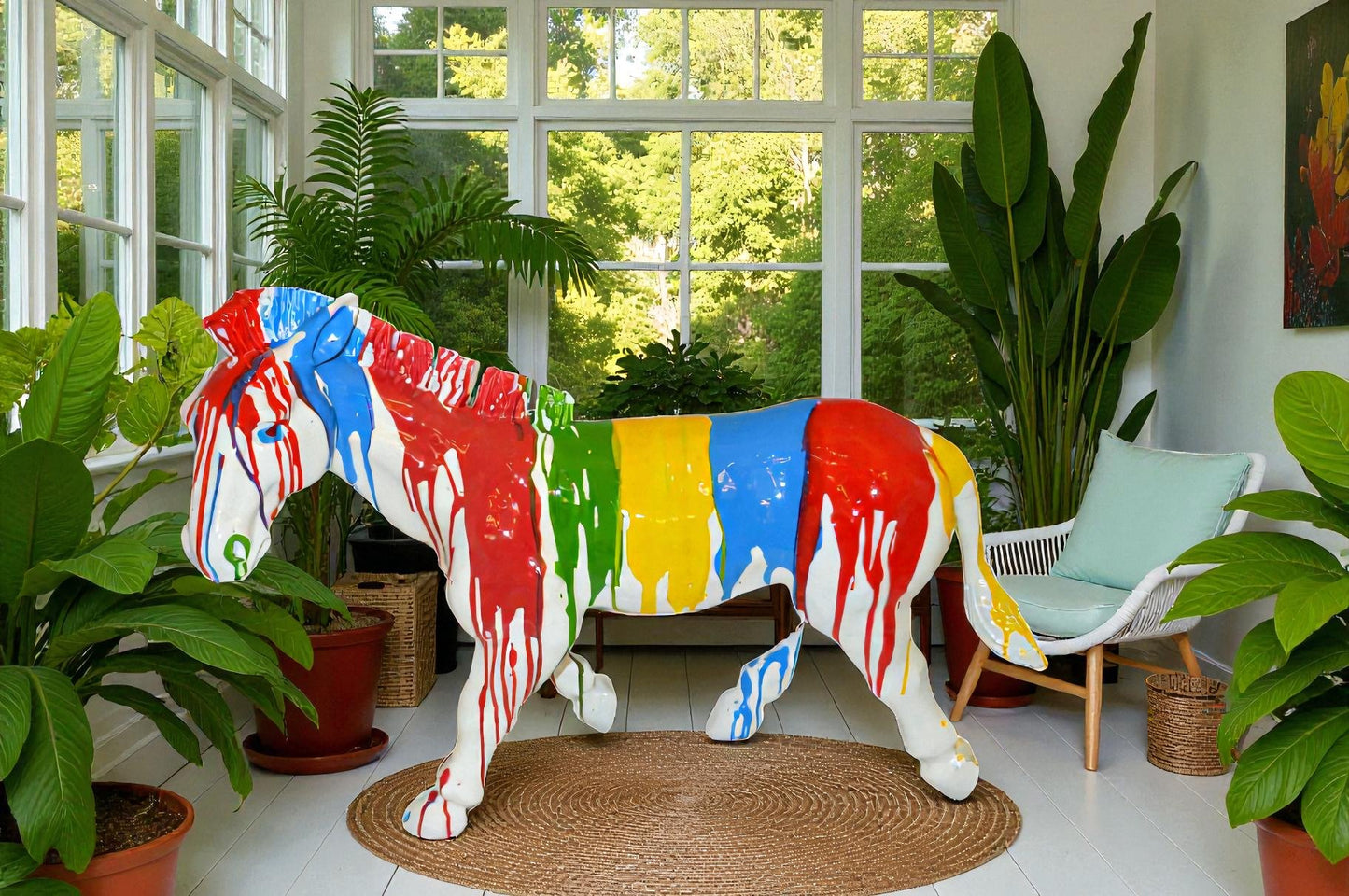 Modern Art Colored Zebra Resin Statue -  Size: 29"L x 12"W x 22"H.