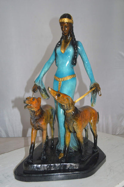 Lady with Her Two Dogs Bronze Statue -  Size: 18"L x 12"W x 23"H.