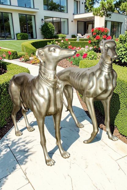 Pair of Greyhound Dogs Bronze Statues, Silver Plated Finish 48" x 12" x 40"H