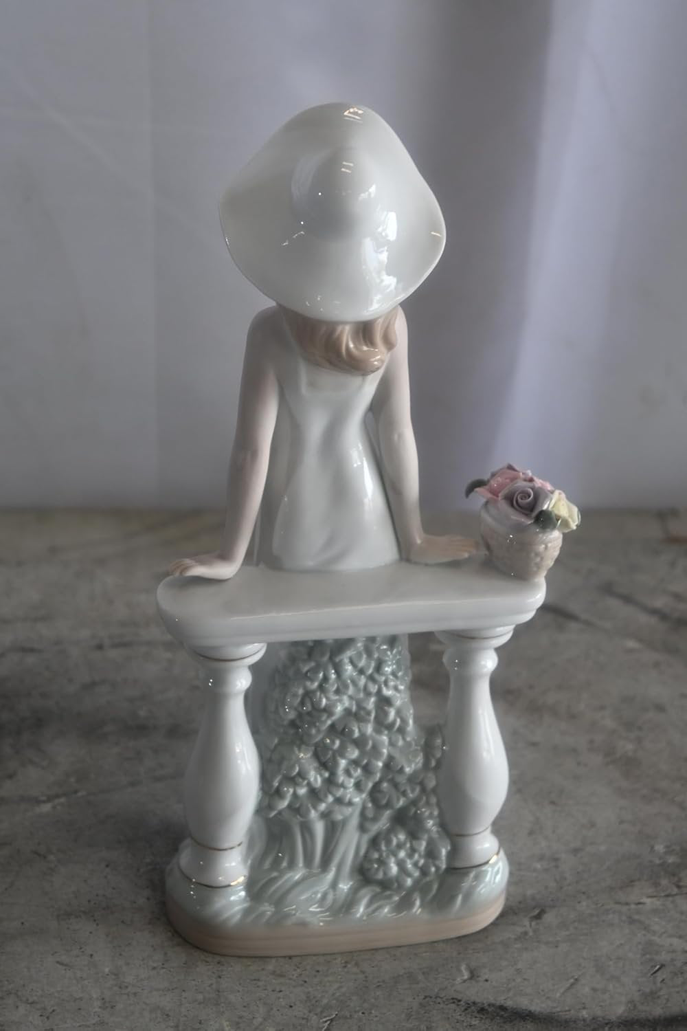 Porcelain Elegant Lady White Gown Hat Rose Basket Statue 6"x4"x12"H