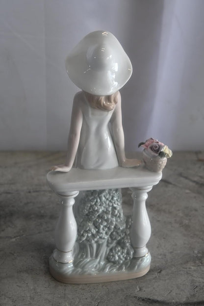 Porcelain Elegant Lady White Gown Hat Rose Basket Statue 6"x4"x12"H