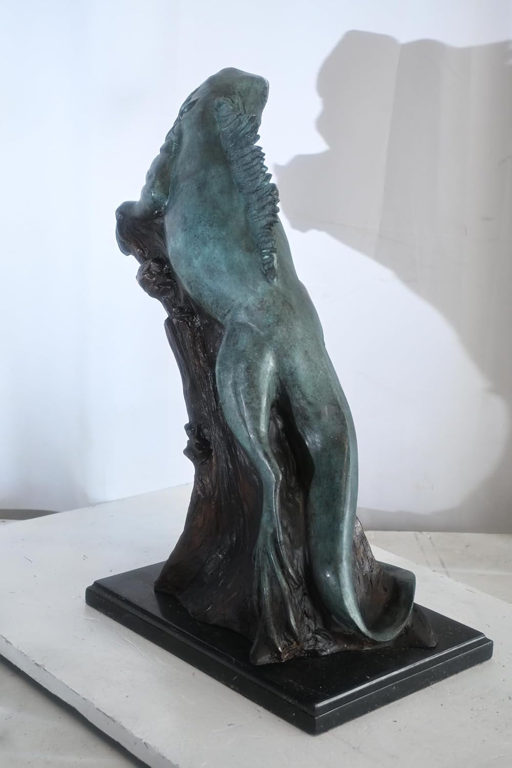 Bronze Iguana Sculpture on Branch with Marble Base 20"x7"x22"H