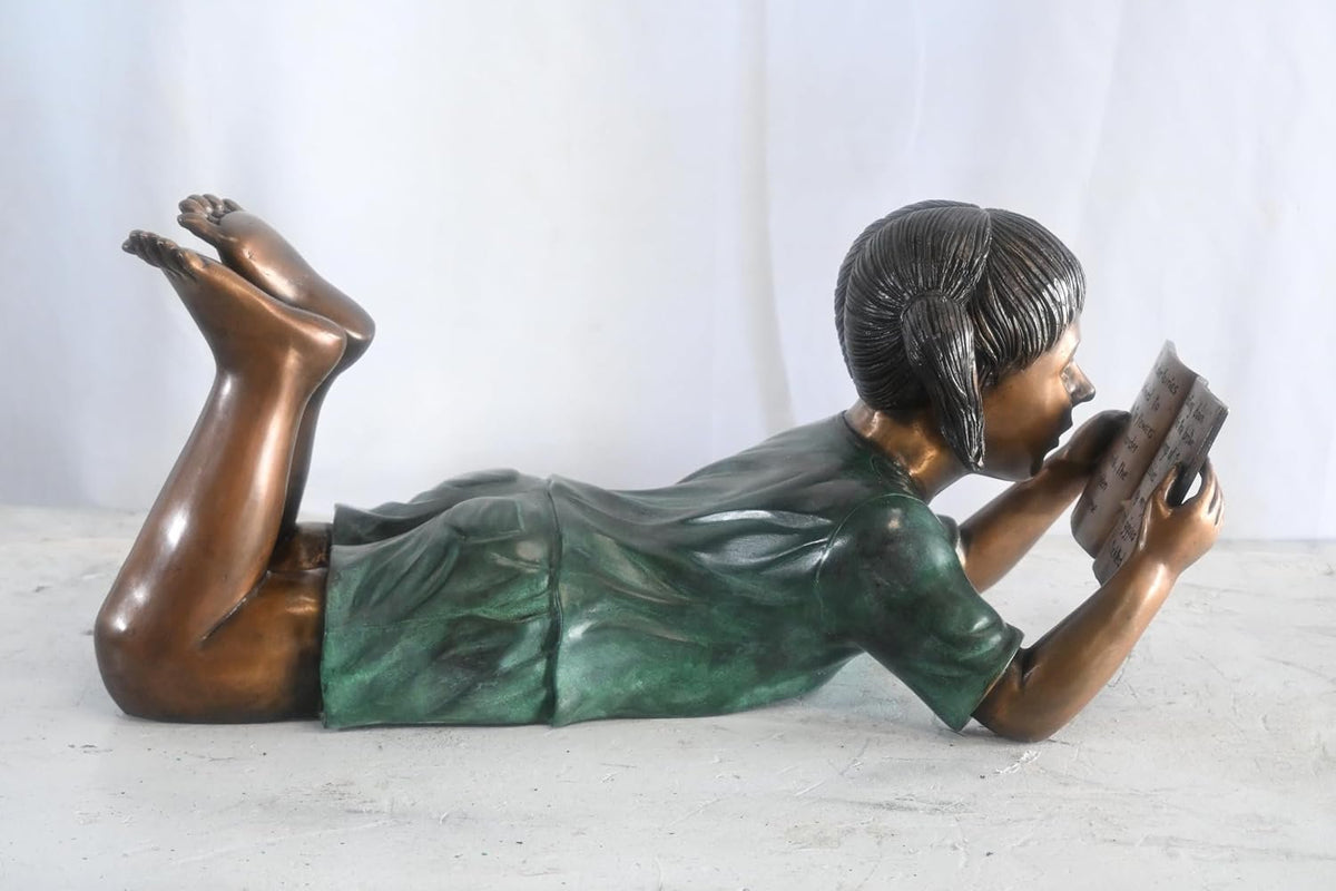 Bronze Girl Reading Fairy Tale Book Lying Down Sculpture 24"x10"x11"H