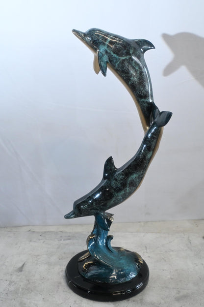 Two Dolphins Bronze Sculpture Leaping Wave Statue 10"x9"x24"H