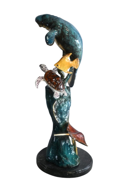 Manatee with Sea Turtle and Fish Bronze Sculpture 9"x9"x20"H