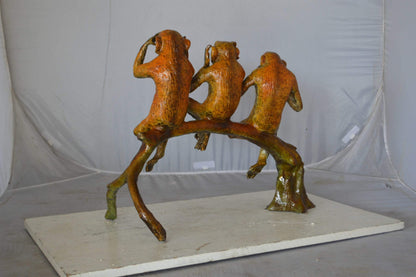 Three wise monkeys on a tree branch bronze statue - Size: 27"L x 11"W x 18"H.
