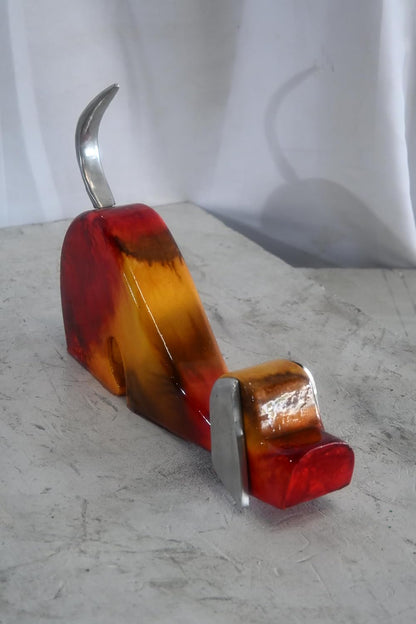 Stretching Dog Sculpture Painted Wood with Aluminum Ears 2"x14"x10"H