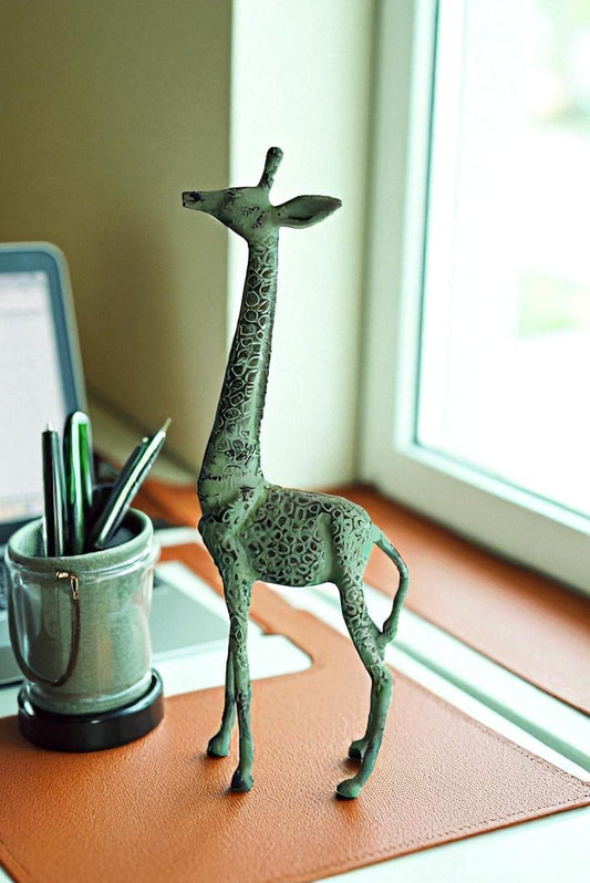 Aluminum Small Giraffe Statue with Green Patina Finish 10" x 4" x 27"H