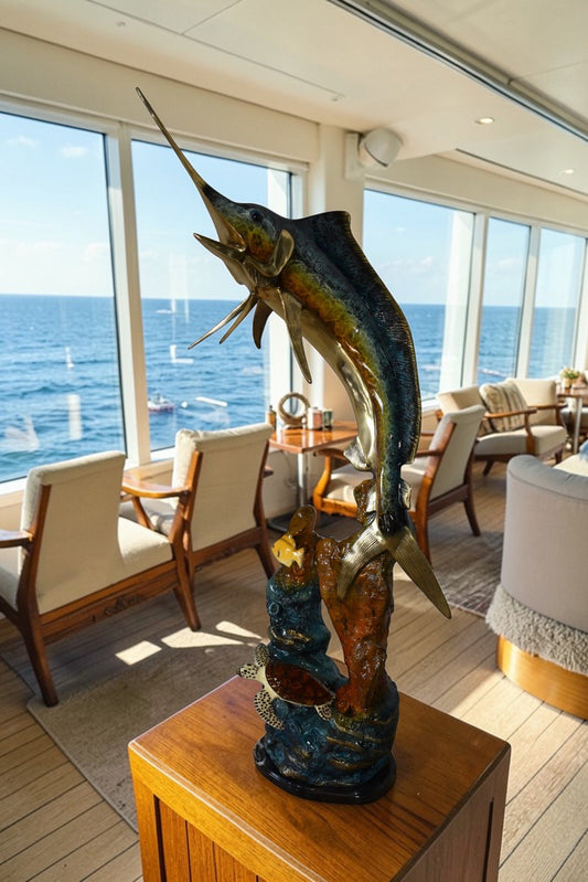 Marlin Fish and Turtle Swimming in the Ocean Bronze Statue Size 20" x 18" x 53"H