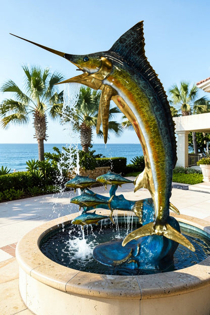 Giant Colored Marlin Fish W 4 Jack Fish Bronze Statue Fountain 85" x 30" x 90"H