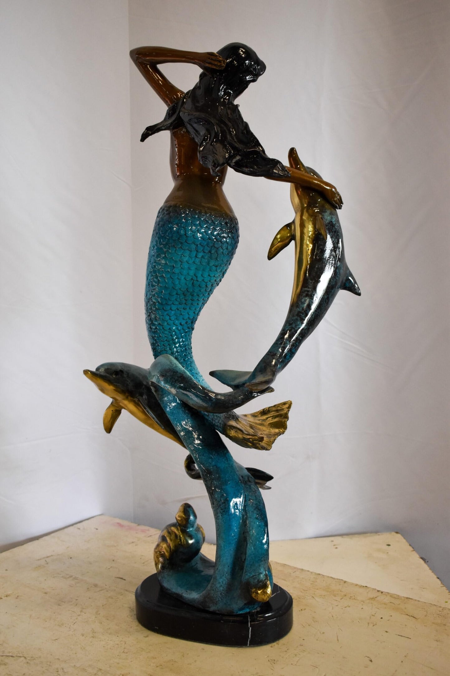 Graceful Mermaid and Two Dolphins Bronze Statue 13" x 9" x 31"H