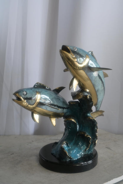 Bronze Dual Tuna Fish Sculpture on Marble Base 24"x16"x21"H