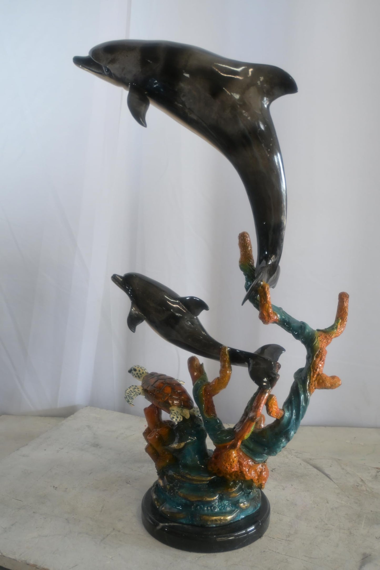 Bronze Dolphin Pair and Sea Turtle Coral Reef Sculpture 15"x9"x29"H