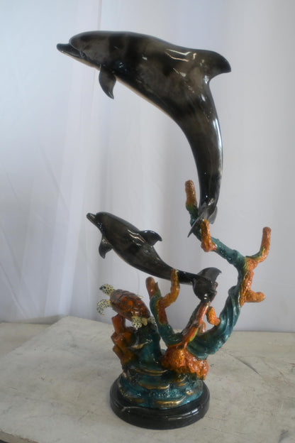 Bronze Dolphin Pair and Sea Turtle Coral Reef Sculpture 15"x9"x29"H