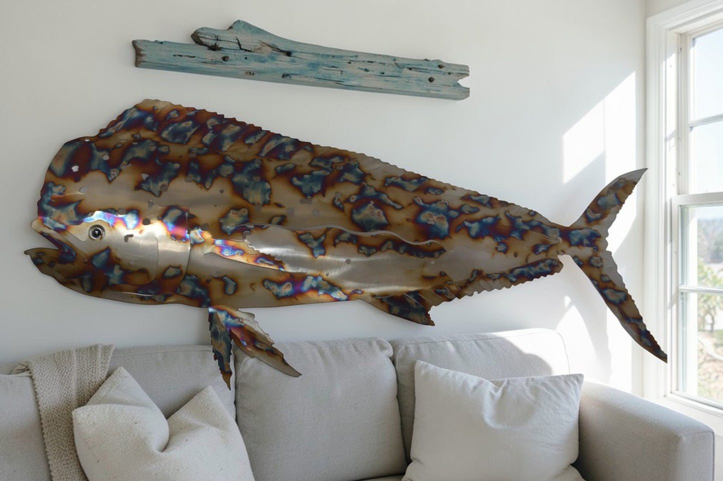 Mahi Mahi laser cut steel wall mounted - Size: 33"L x 2"W x 13"H.
