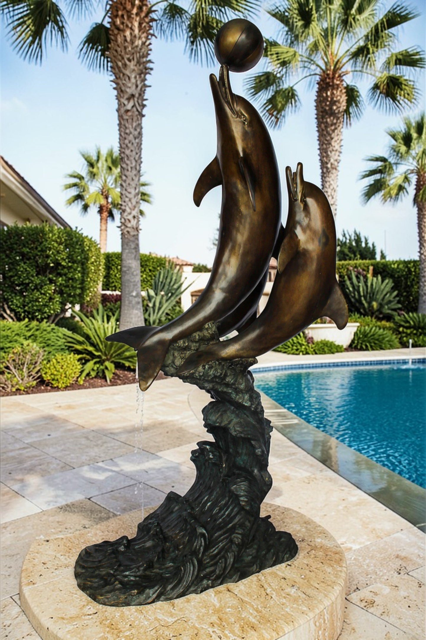 Three Dolphins Performing with Beach Ball Giant Bronze Fountain 41" x 27" x 91"H