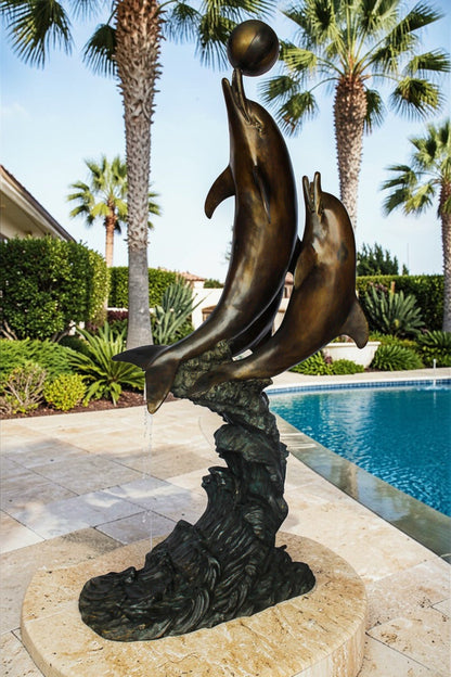 Three Dolphins Performing with Beach Ball Giant Bronze Fountain 41" x 27" x 91"H