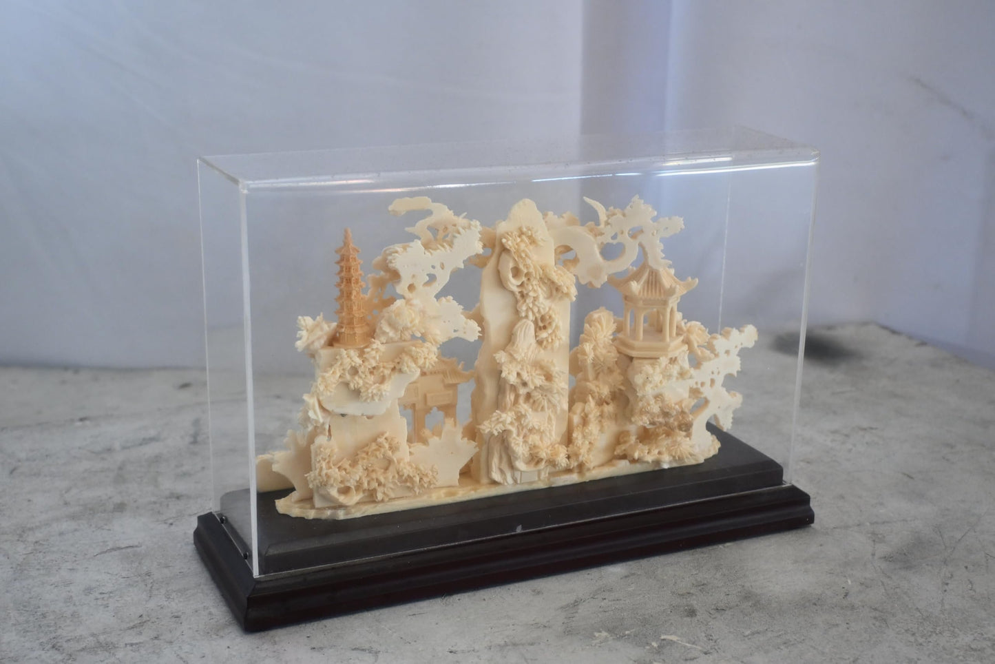 Carved Asian Landscape Diorama with Pagoda in Case 11"x4"x7"H