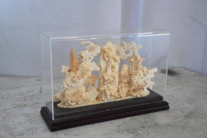 Carved Asian Landscape Diorama with Pagoda in Case 11"x4"x7"H
