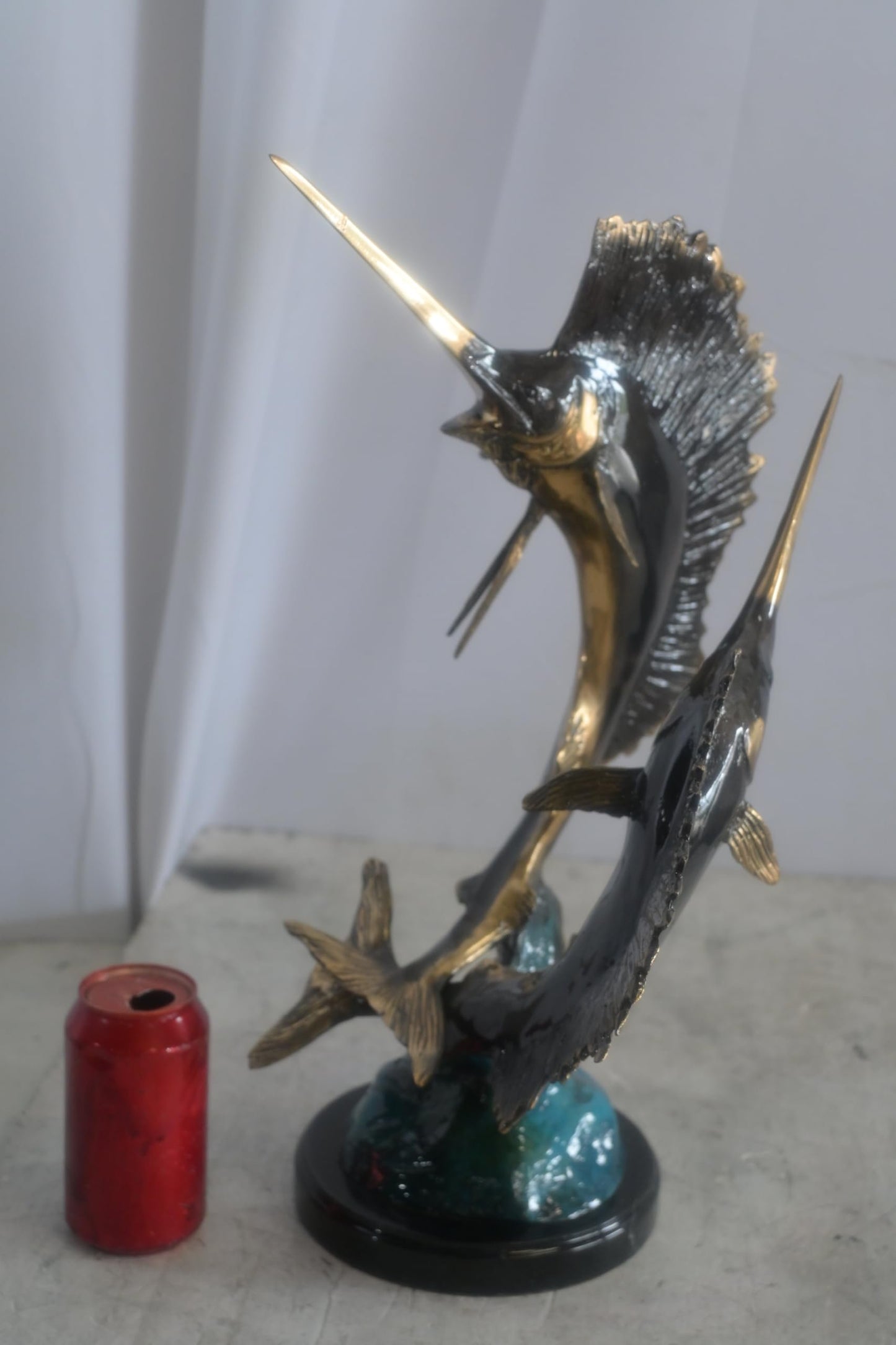 Bronze Dual Sailfish Sculpture on Wave Base and Marble 11"x10"x20"H