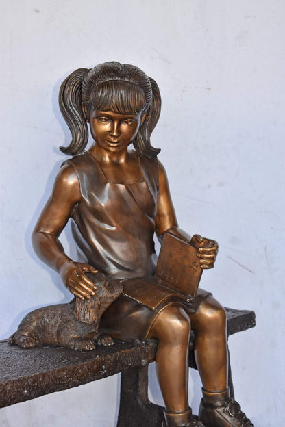 Young Girl with Her Puppy on Bench Reading Bronze Statue, Size 37" x 17" x 38"H