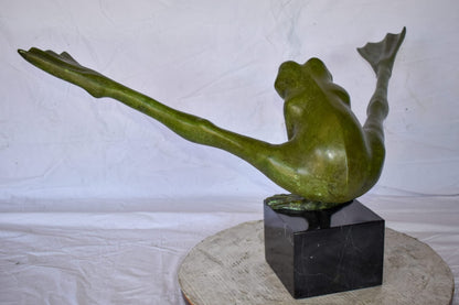 Acrobatic Frog Green Patina Bronze Statue Mounted on A Marble  43" x 26" x 20"H