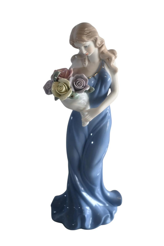 Porcelain Lady Blue Sleeveless Gown Holding Rose Bouquet 4"x3"x11"H