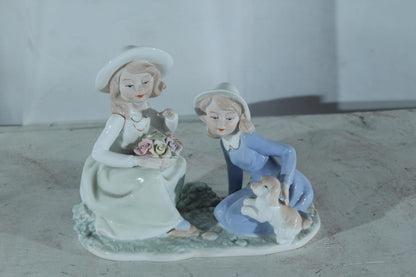 NIFAO Porcelain Figurine Two Girls with Puppy and Flowers 9"x4"x8"H