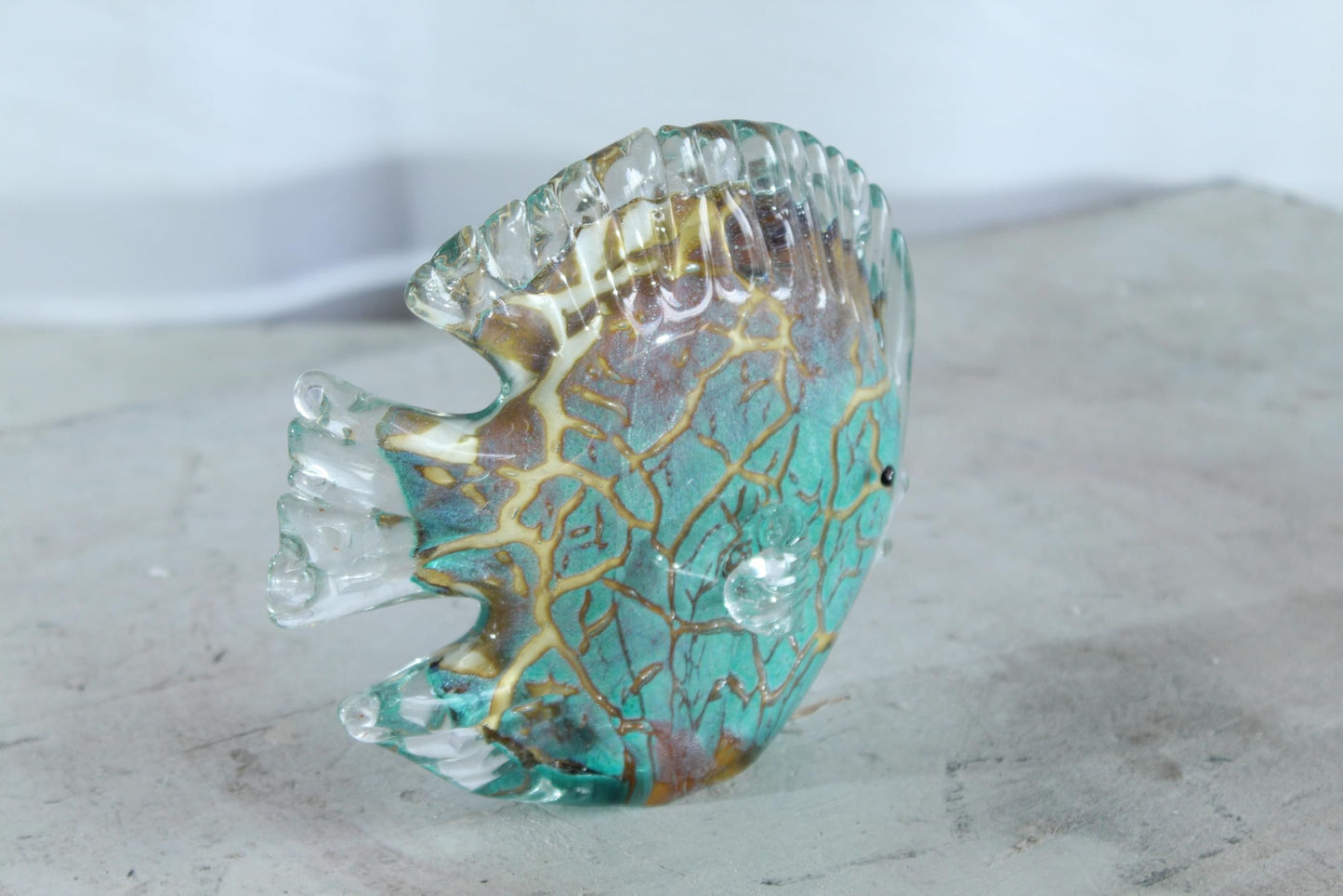 NIFAO Glass Reef Fish Figurine Teal Crackle Art Glass 8" x 3" x 6"H