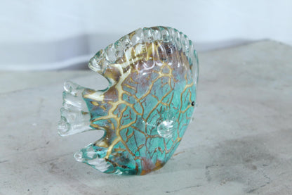NIFAO Glass Reef Fish Figurine Teal Crackle Art Glass 8" x 3" x 6"H