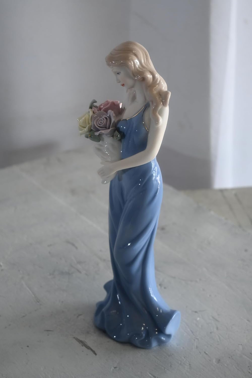 Porcelain Lady Blue Sleeveless Gown Holding Rose Bouquet 4"x3"x11"H