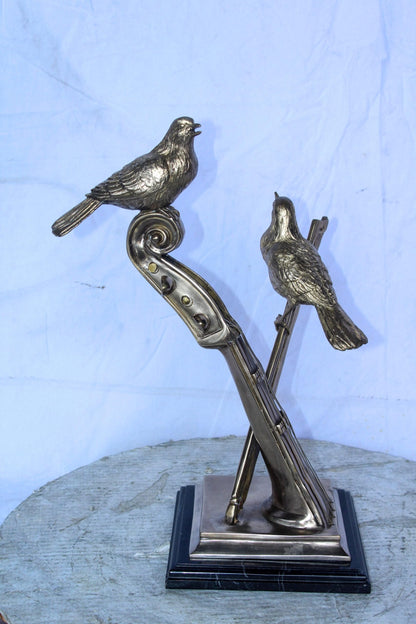 Creative Art, Violin and Two Birds, Bronze Statue in Silver Finish 12 x 8 x 19"H