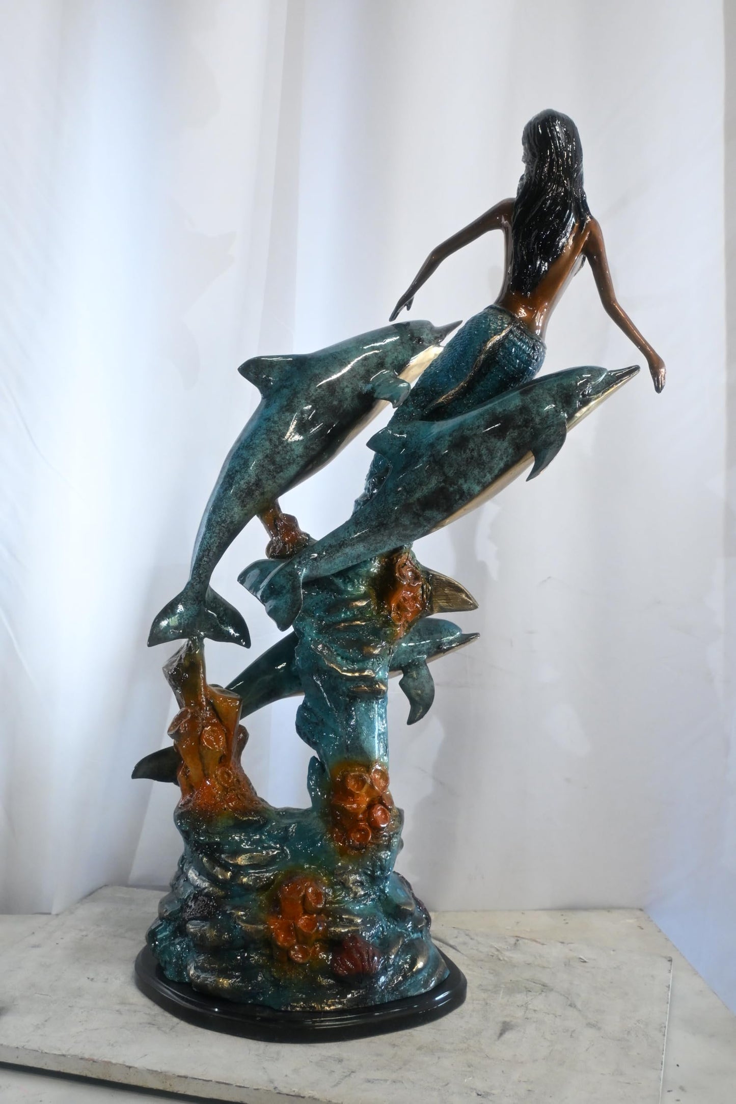 Bronze Mermaid with Dolphins on Coral Reef Sculpture 25"x16"x43"H