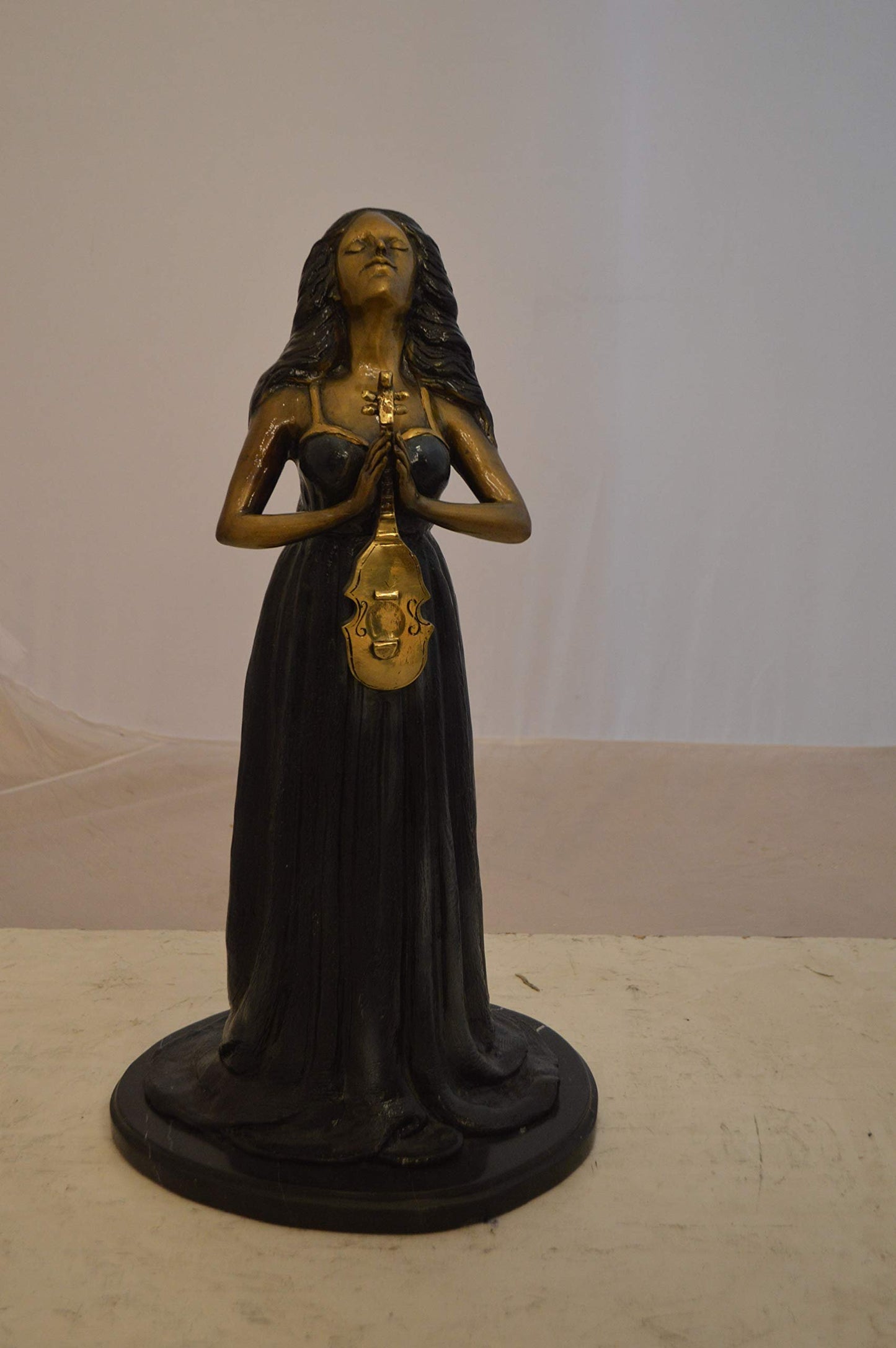 Lady With Violin Bronze Statue -  Size: 11"L x 8"W x 23"H.