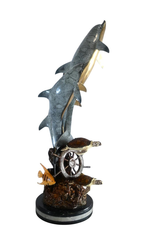 Bronze Three Dolphins Leaping Sculpture Lost Wax Casting 15"x12"x40"H