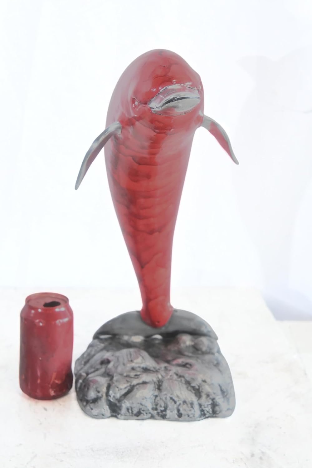 Leaping Red Dolphin Statue with Silver Fins Aluminum Art 15"x7"x18"H