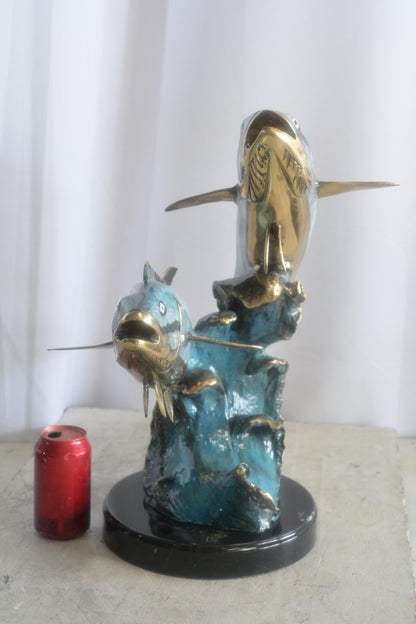 Bronze Dual Tuna Fish Sculpture on Marble Base 24"x16"x21"H