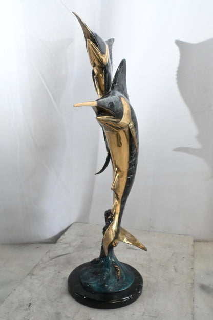 Two Marlin Swordfish Bronze Sculpture Vertical Leap 15"x6"x31"H