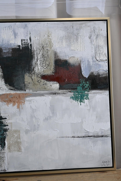 Foggy NYC Abstract Canvas Painting Gray Teal Framed Art 41"x61"