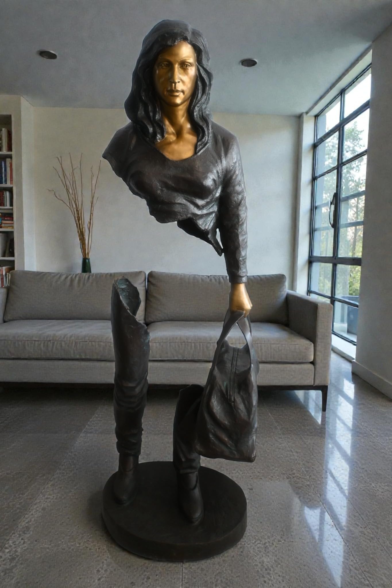 Bronze Saleswoman Statue with Handbag Abstract Figurine 24"x20"x70"H