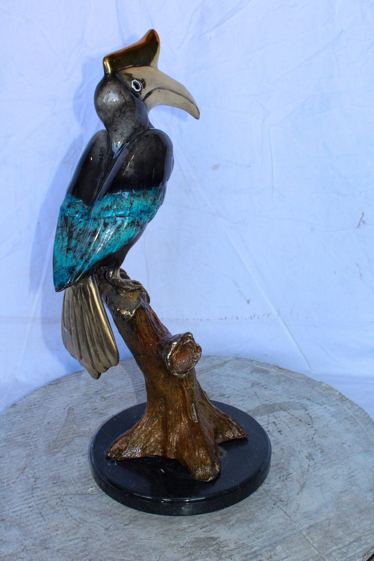 Hornbill Bird on Tree Branch, Colored Bronze Statue 10" x 10" x 22"H