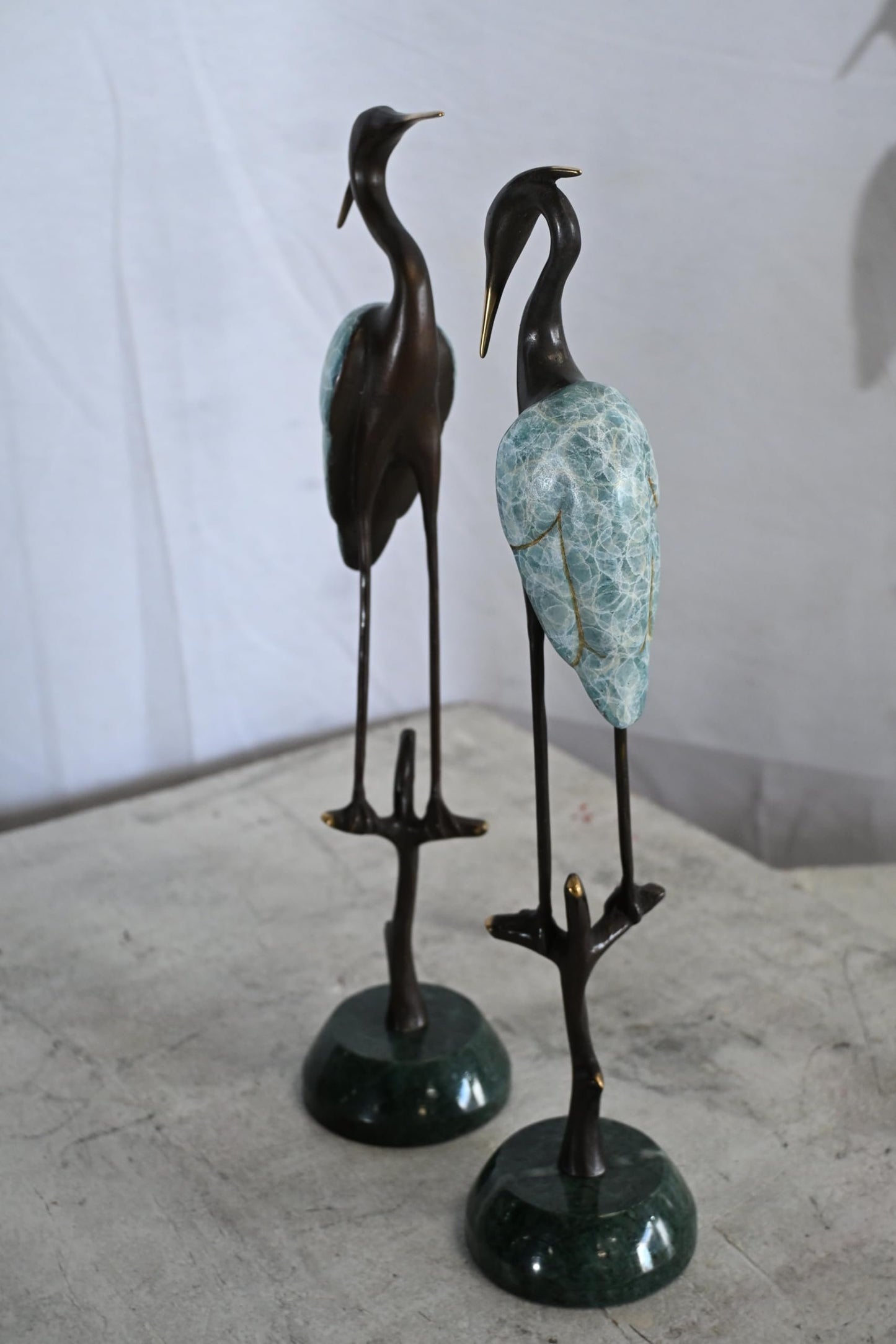 NIFAO Bronze Heron Pair Statue Set Marble Base Bird Sculpture 8"x4"x17"H
