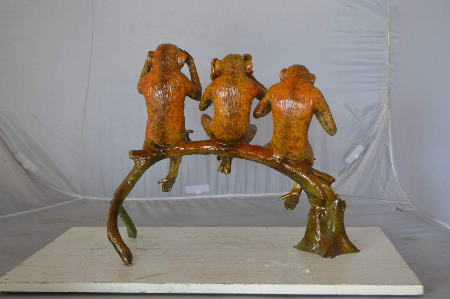 Three wise monkeys on a tree branch bronze statue - Size: 27"L x 11"W x 18"H.