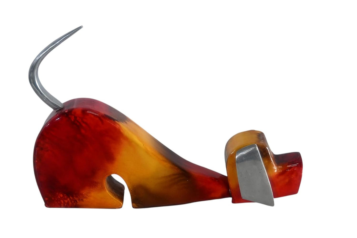 Stretching Dog Sculpture Painted Wood with Aluminum Ears 2"x14"x10"H