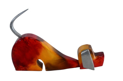 Stretching Dog Sculpture Painted Wood with Aluminum Ears 2"x14"x10"H