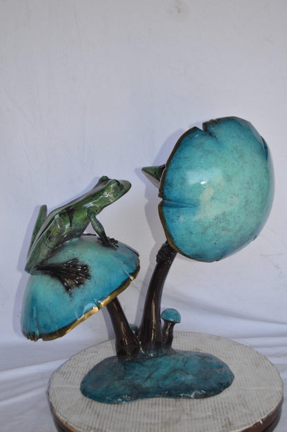 Nifao Bronze Two Frogs on Mushrooms Statue – Hand-Cast Lost Wax Sculpture with Polychrome Patina, Tabletop Nature Art - 24" L x 15" W x 27" H